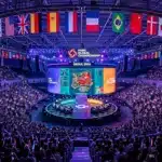 Esports arena in Seoul with national flags and competitive gaming stations for PUBG Nations Cup tournament