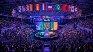 Esports arena in Seoul with national flags and competitive gaming stations for PUBG Nations Cup tournament