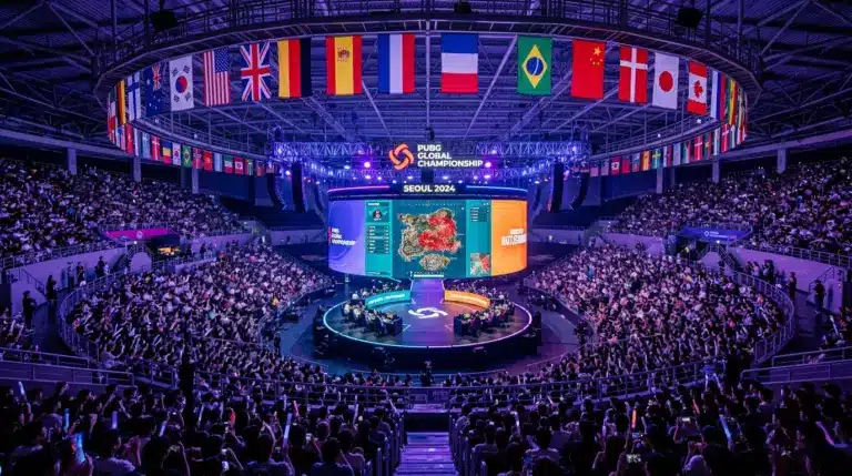 Esports arena in Seoul with national flags and competitive gaming stations for PUBG Nations Cup tournament