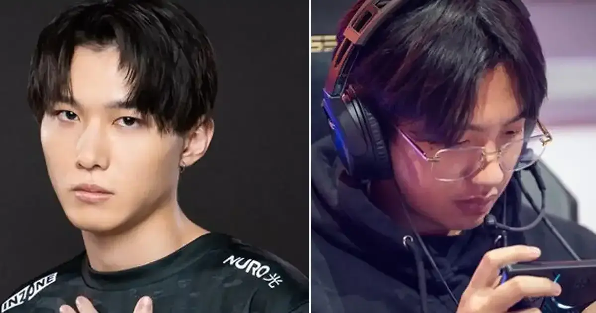 Two PUBG esports players, one in a jersey and the other focused on a mobile device.