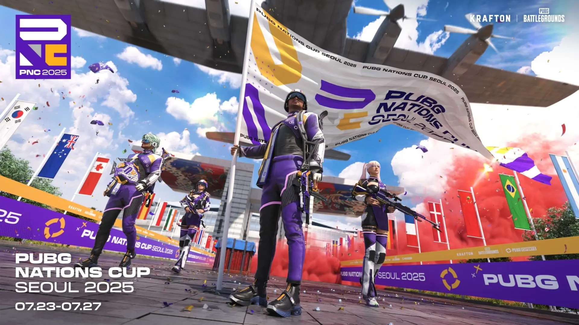 Four PUBG characters in purple attire holding a flag at the PUBG Nations Cup 2025 in Seoul.