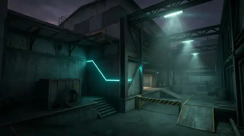 CS2 Cache map industrial warehouse exterior with dramatic teal lighting and competitive atmosphere