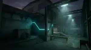 CS2 Cache map industrial warehouse exterior with dramatic teal lighting and competitive atmosphere