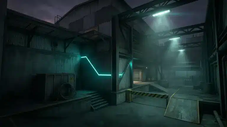 CS2 Cache map industrial warehouse exterior with dramatic teal lighting and competitive atmosphere