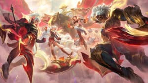 Image of the T1 skins for the 2025 worlds winners, T1, in red and gold markings