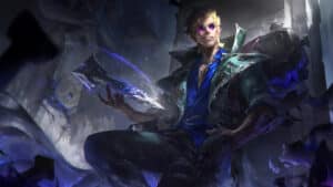 Locke the new lol champion splash art with his blonde hair and blue coat.