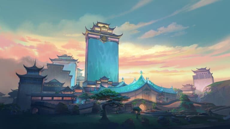 Image of the new splash screen matte for Summit Map in Valorant, with a crystal sky scraper on top of a Chinese mountain.