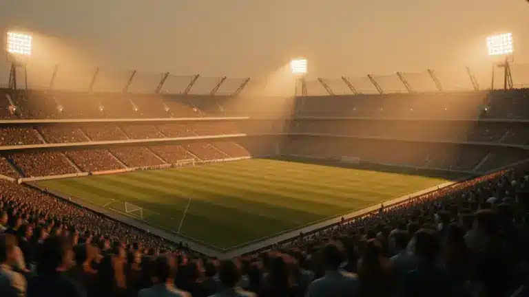 Floodlit football stadium at sunset with packed stands, dramatic shadows, and atmospheric golden-hour lighting.