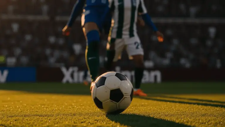 Football boot striking ball on pitch with stadium floodlights and dramatic shadows; golden-hour match lighting.