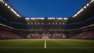 Floodlit stadium pitch at golden-hour kick-off, empty field with dramatic lighting patterns and packed stands.