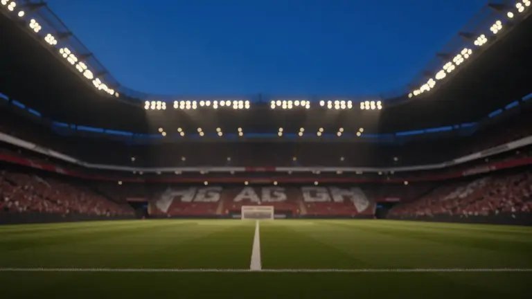 Floodlit stadium pitch at golden-hour kick-off, empty field with dramatic lighting patterns and packed stands.