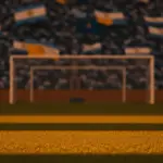 Empty floodlit stadium with colour-coded crowd flags, dramatic golden-hour lighting and shadow patterns.