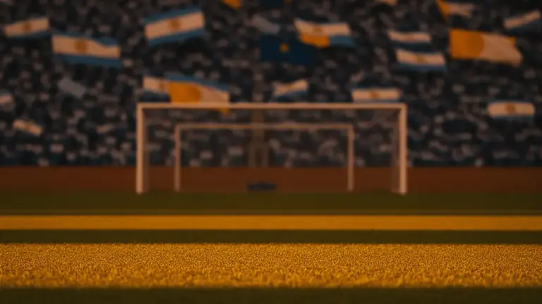 Empty floodlit stadium with colour-coded crowd flags, dramatic golden-hour lighting and shadow patterns.