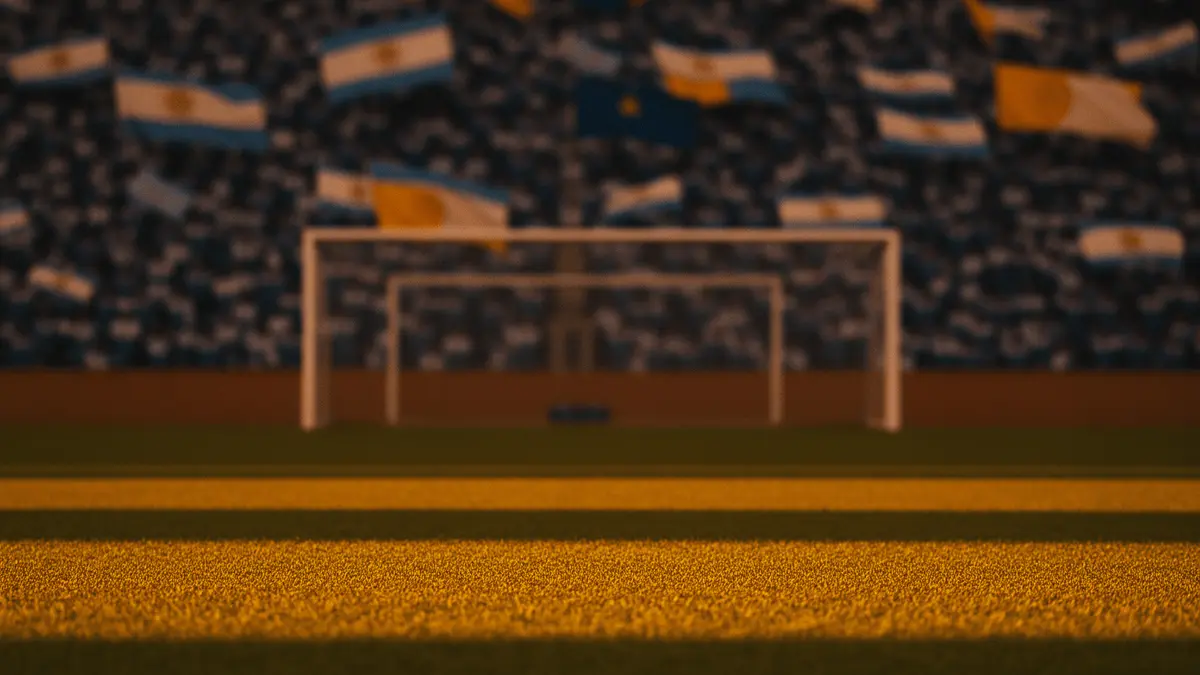 Empty floodlit stadium with colour-coded crowd flags, dramatic golden-hour lighting and shadow patterns.