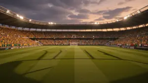 Floodlit stadium at dusk with packed stands in gold/green and red/white/black team colours, dramatic shadows on pitch.