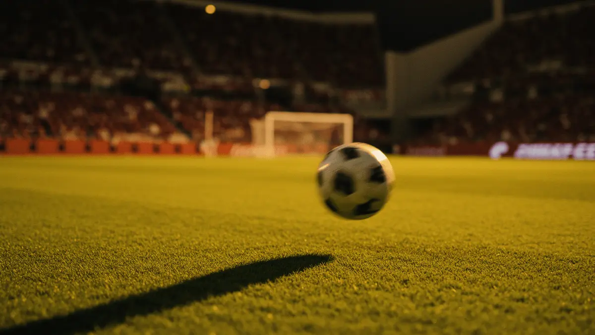 Floodlit football pitch with boot striking ball, stadium crowd in Austrian red and Jordanian colours, evening match atmosphere.