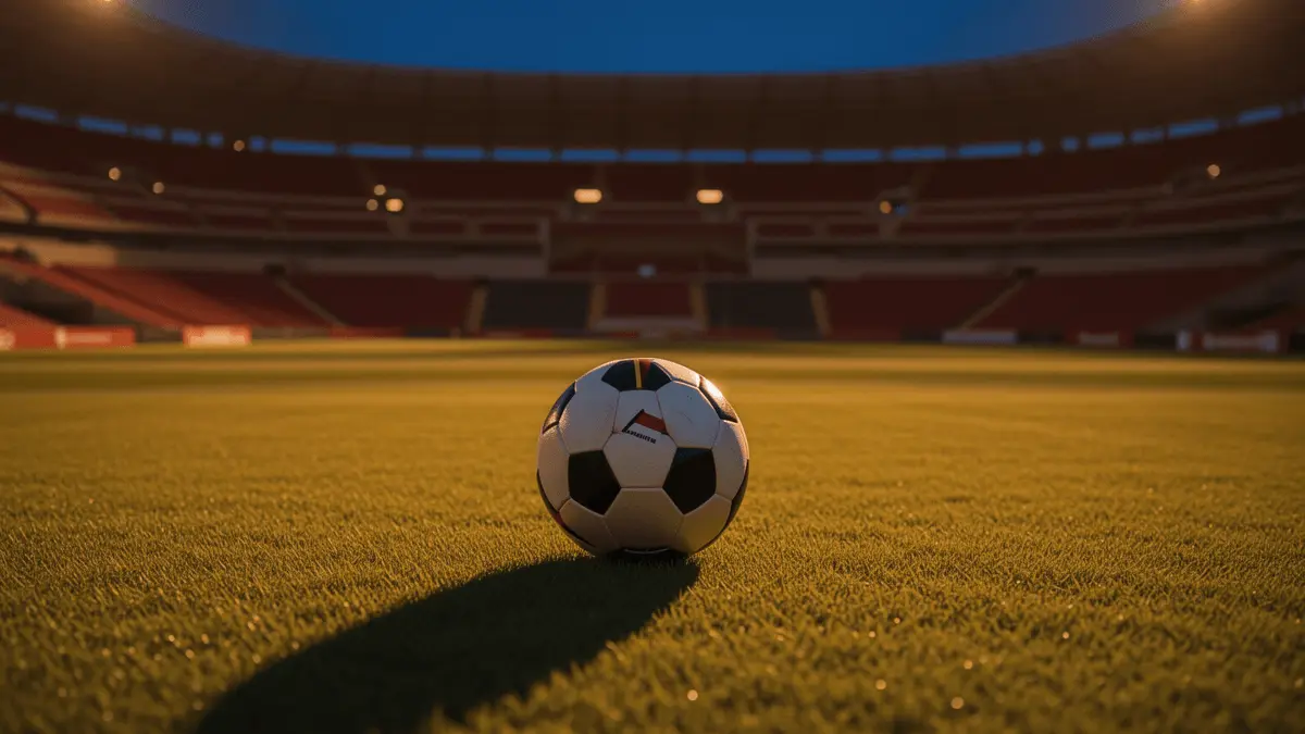 Empty floodlit stadium pitch at dusk with match ball centred, long golden shadows, red and white atmospheric lighting.