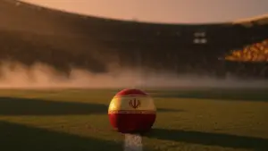 Floodlit football stadium at dusk with red and gold pitch markings, packed stands, golden-hour lighting and dramatic shadows.