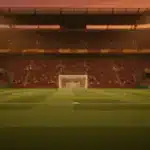 Floodlit stadium pitch at dusk, packed stands and dramatic shadow patterns, Belgian red and Senegalese green colour palette.