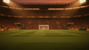 Floodlit stadium pitch at dusk, packed stands and dramatic shadow patterns, Belgian red and Senegalese green colour palette.