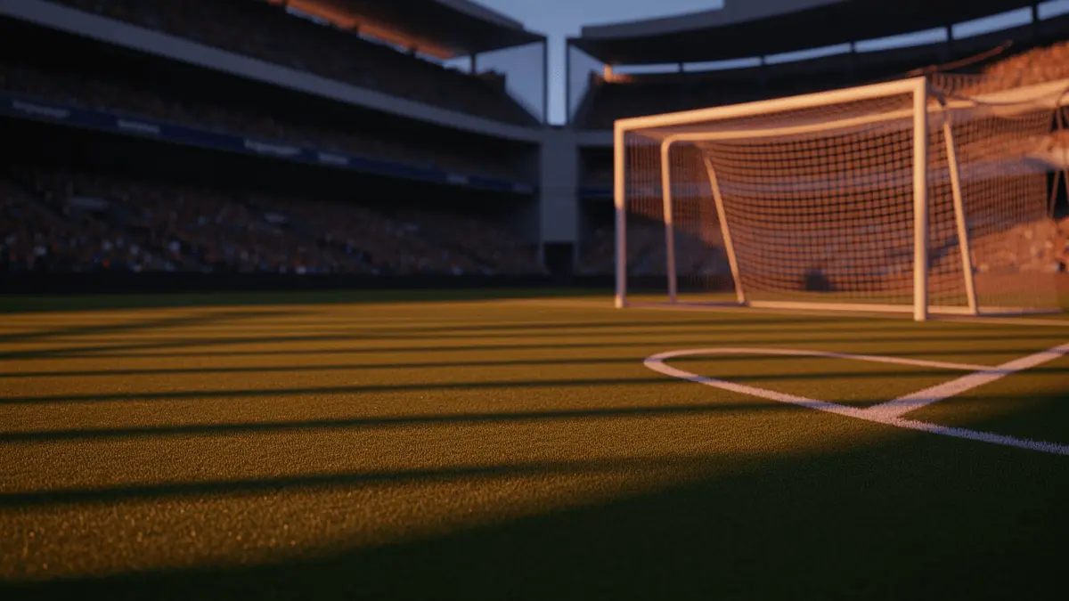 Empty floodlit stadium pitch at golden-hour with dramatic shadows and packed stands, World Cup venue atmosphere.