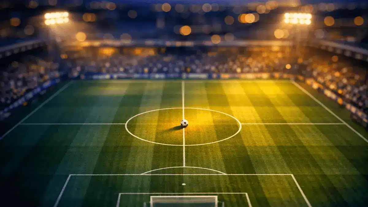 Aerial stadium view of floodlit pitch at dusk with blue and gold lighting, match ball on centre spot.