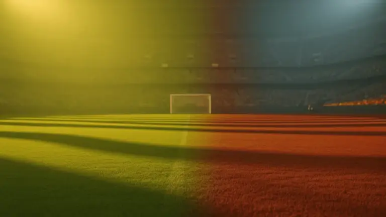 Floodlit World Cup 2026 stadium pitch at dusk with Brazil yellow-green and Haiti blue-crimson lighting, empty turf with dramatic shadows.