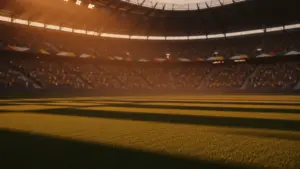 Floodlit stadium pitch at golden-hour with packed stands, dramatic shadows, and national crowd colours in atmospheric glow.