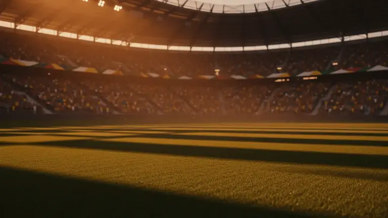 Floodlit stadium pitch at golden-hour with packed stands, dramatic shadows, and national crowd colours in atmospheric glow.