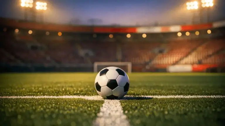 Floodlit stadium pitch at dusk with football on penalty spot, dramatic shadow patterns, national colour tones.