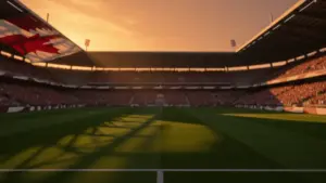 Floodlit stadium pitch at golden hour with packed stands, dramatic shadows, and Canadian and Qatari flag colour tones in lighting.