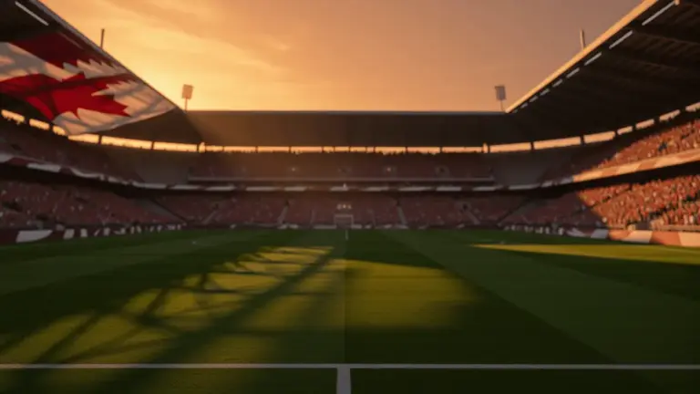 Floodlit stadium pitch at golden hour with packed stands, dramatic shadows, and Canadian and Qatari flag colour tones in lighting.