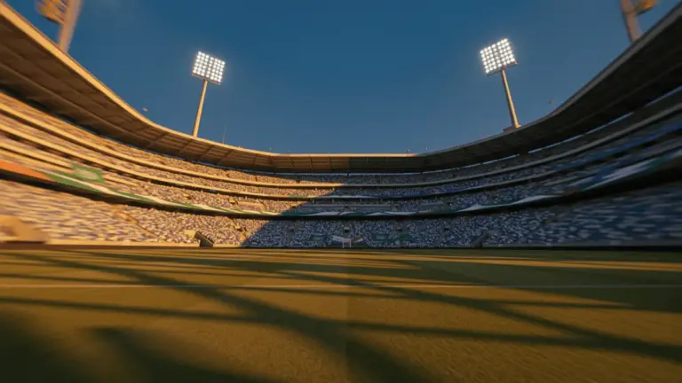 Floodlit stadium at dusk with blue/white and green/white crowd colours, empty pitch, dramatic shadows.