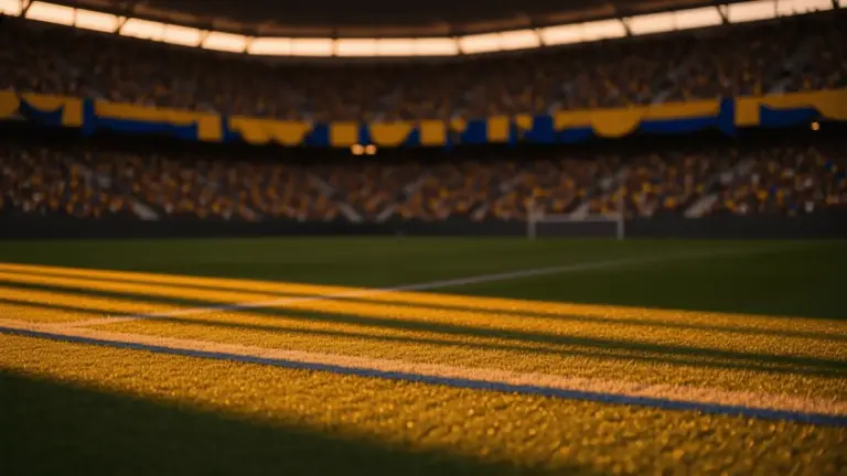 Floodlit stadium pitch at sunset with yellow-blue striped markings, packed stands, golden-hour lighting, dramatic shadows, no people.