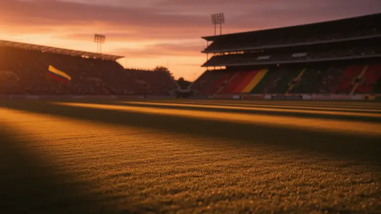 Floodlit stadium at dusk with golden-hour shadows, packed stands in Colombian and Ghanaian national colours.
