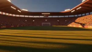 Floodlit stadium with yellow and crimson colour scheme, dramatic shadows, packed stands, golden-hour atmosphere.