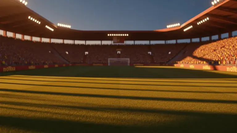 Floodlit stadium with yellow and crimson colour scheme, dramatic shadows, packed stands, golden-hour atmosphere.
