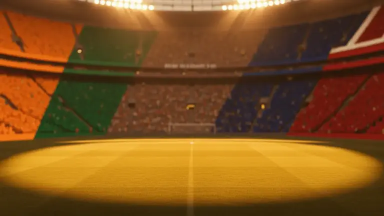 Floodlit stadium at golden hour with packed stands; orange-green and blue-red colour palettes representing competing nations.