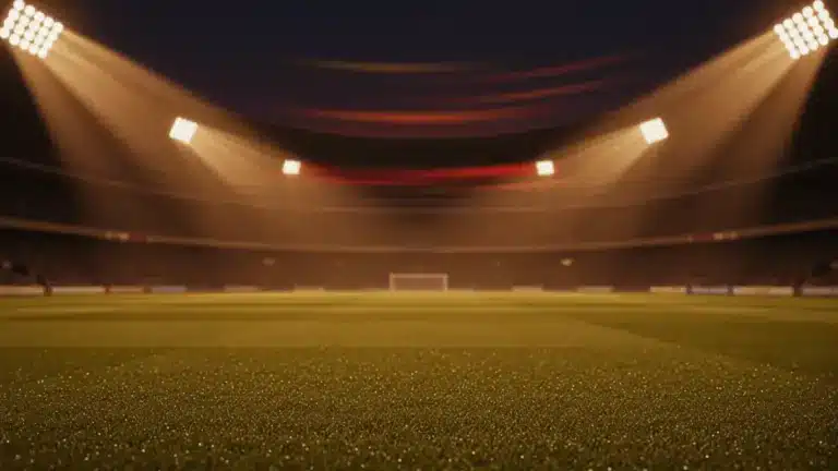 Empty floodlit World Cup stadium pitch at golden hour with dramatic shadows and national colour palette lighting.