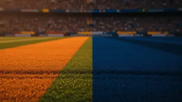 Floodlit stadium pitch at golden-hour with dramatic shadow patterns and packed stands, no players visible