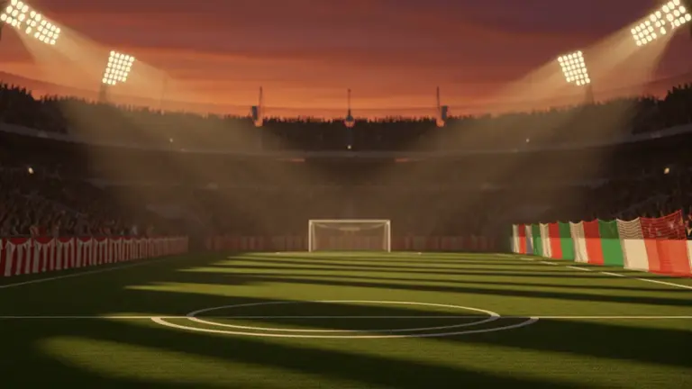Floodlit stadium pitch at dusk with packed stands, dramatic shadows, and national colour accents.