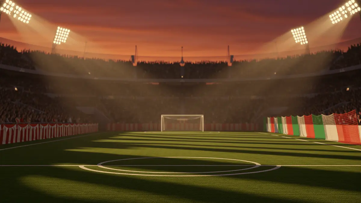 Floodlit stadium pitch at dusk with packed stands, dramatic shadows, and national colour accents.