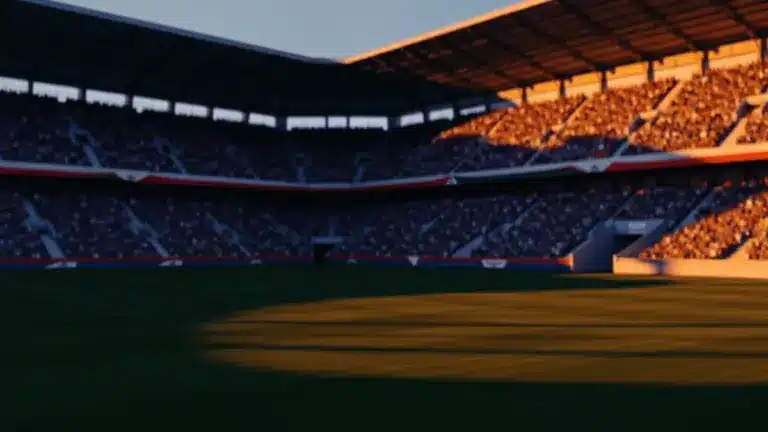 Floodlit stadium at golden hour with packed stands, dramatic lighting and national colour palettes reflected across the pitch.
