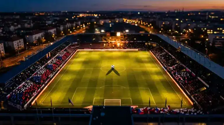 Floodlit football stadium at night with red and white stands, ball on centre spot, golden evening light casting shadows across pitch