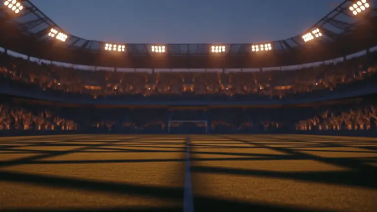 Golden-hour floodlit stadium with packed stands, dramatic shadows across empty pitch, cinematic sports photography.