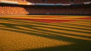 Golden-hour floodlit stadium pitch with shadow patterns and packed stands, Ecuador vs Curaçao World Cup 2026.