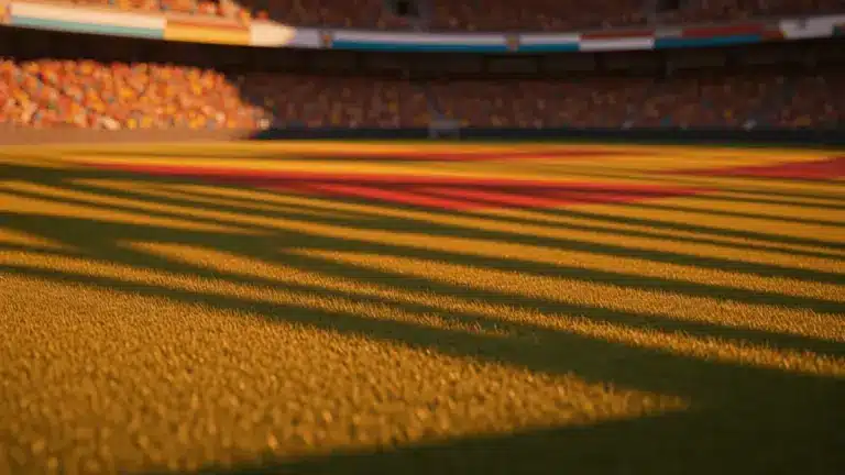Golden-hour floodlit stadium pitch with shadow patterns and packed stands, Ecuador vs Curaçao World Cup 2026.