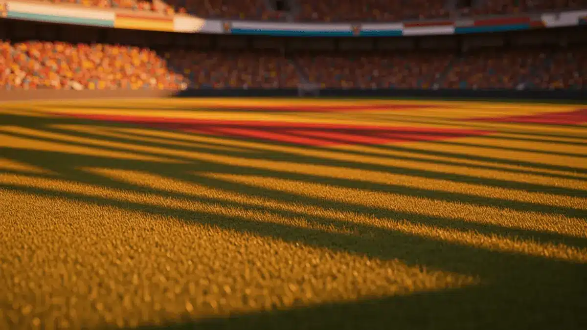 Golden-hour floodlit stadium pitch with shadow patterns and packed stands, Ecuador vs Curaçao World Cup 2026.