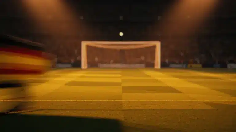 Floodlit stadium pitch at golden-hour with dramatic shadows, packed stands blurred in background.
