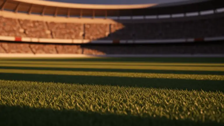 Empty floodlit stadium pitch at golden hour, long shadows cast across grass, packed stands in soft focus, cinematic lighting.